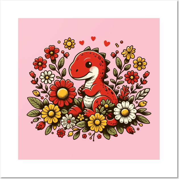 Cute dinosaur with flowers Wall Art by Art_Boys